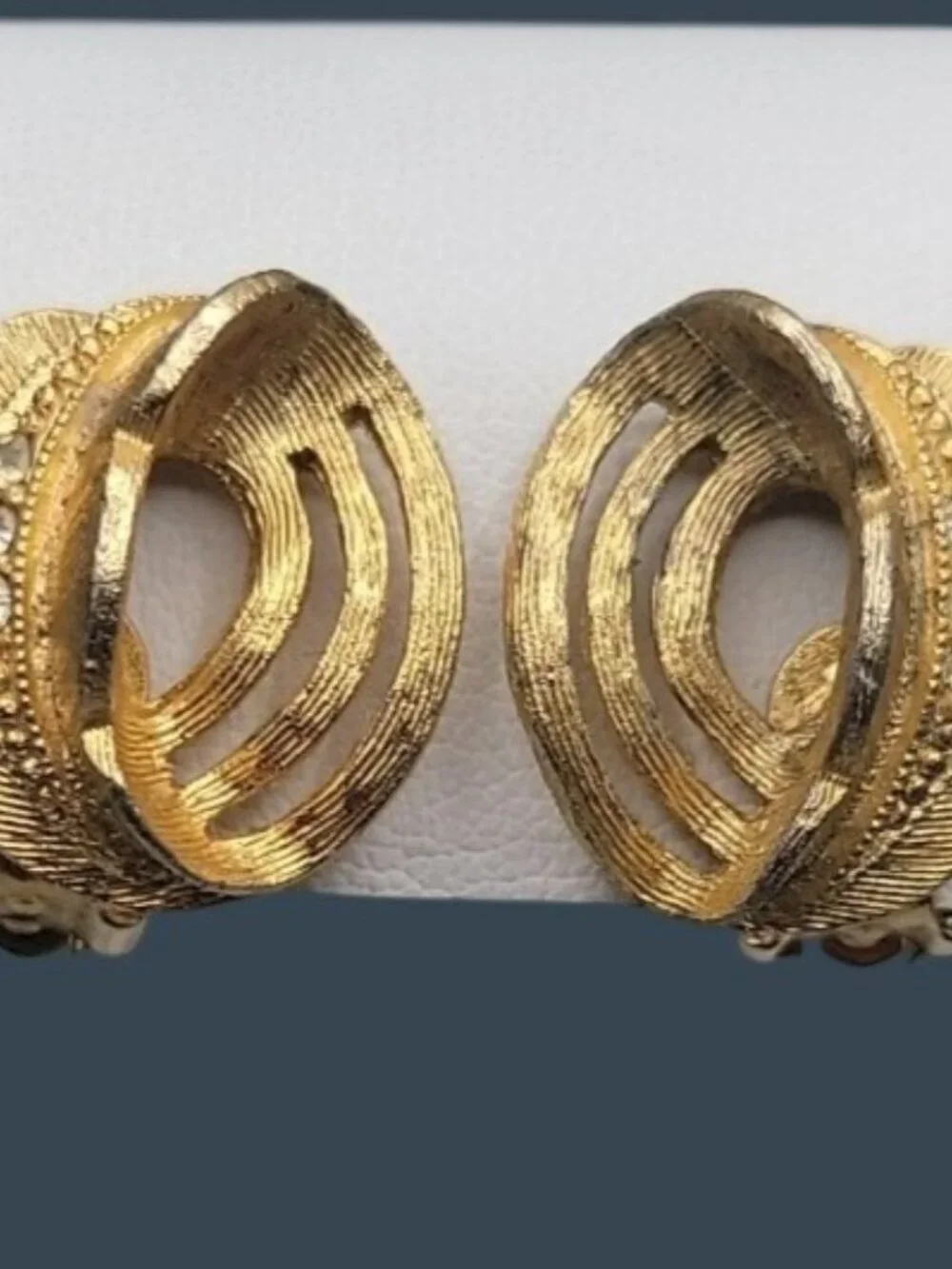Vintage Rhinestone Accented Swirled Feather Clip On Earrings